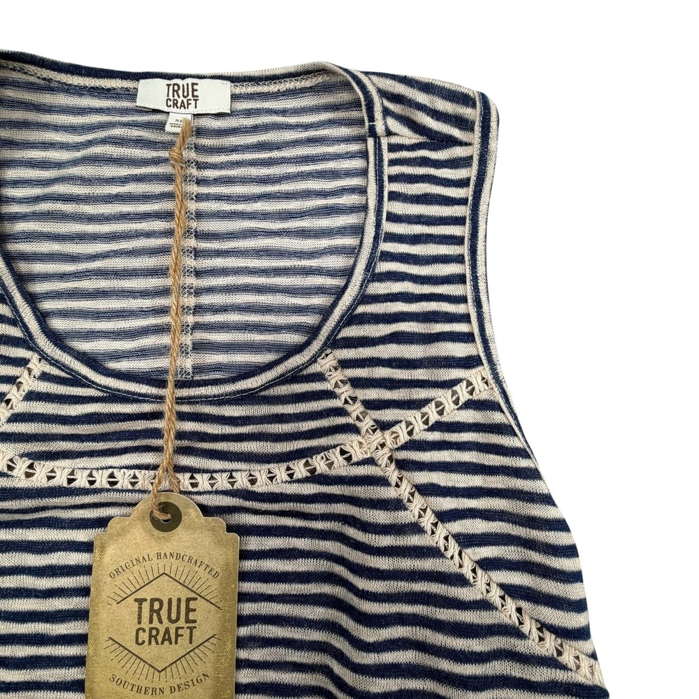 True Craft‎ Tank Top Women XL Blue Oatmeal Striped Crochet Detail Boho NWT